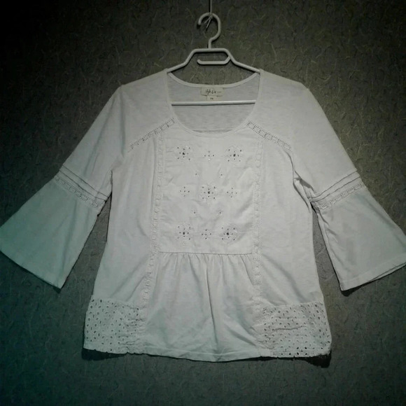Style & Co  Women's White Cotton Blouse Bell Flared Sleeve Embroidered PM Petite - Picture 1 of 8